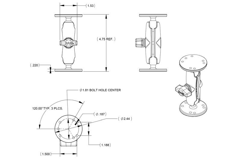 Mobile phone/PDA holder kinnitusvars B-kuul pikkus 121mm ümarplaadid D63mm