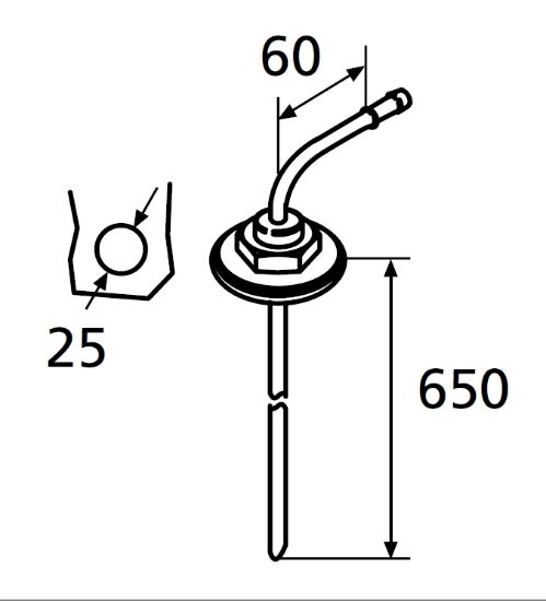 Fuel outlet, fuel tank 5,5mm Metallpaagile 25mm ava L=650